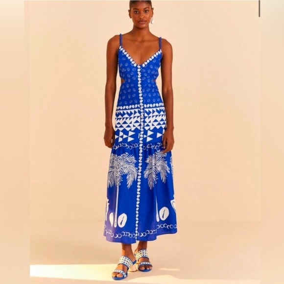 Farm Rio NWT Mixed Ondina Blue Midi Cut out/ ruched sided Dress buttoned down - Picture 3 of 12